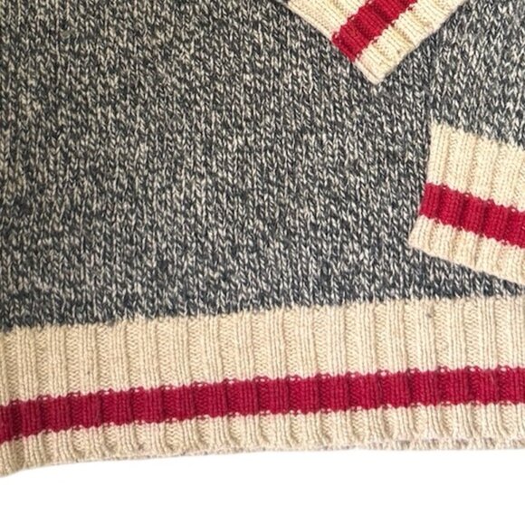 Roots Canada Cotton Cabin V Neck Knit Sweater Cozy Chucky Neutral Gray Red Tan S - Picture 10 of 15